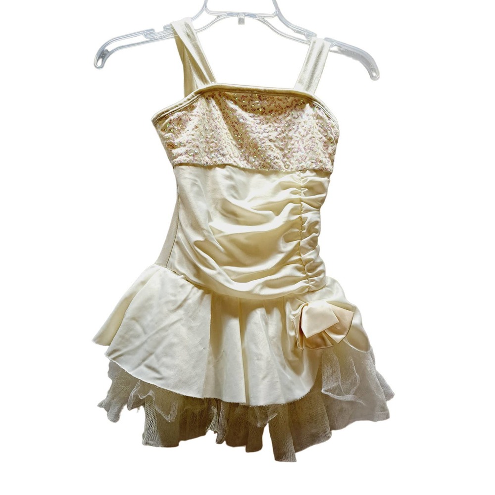 Curtain Call Costumes Cream Mesh Tutu Ruched Bow Sequin Top Straps Leotard  4-5